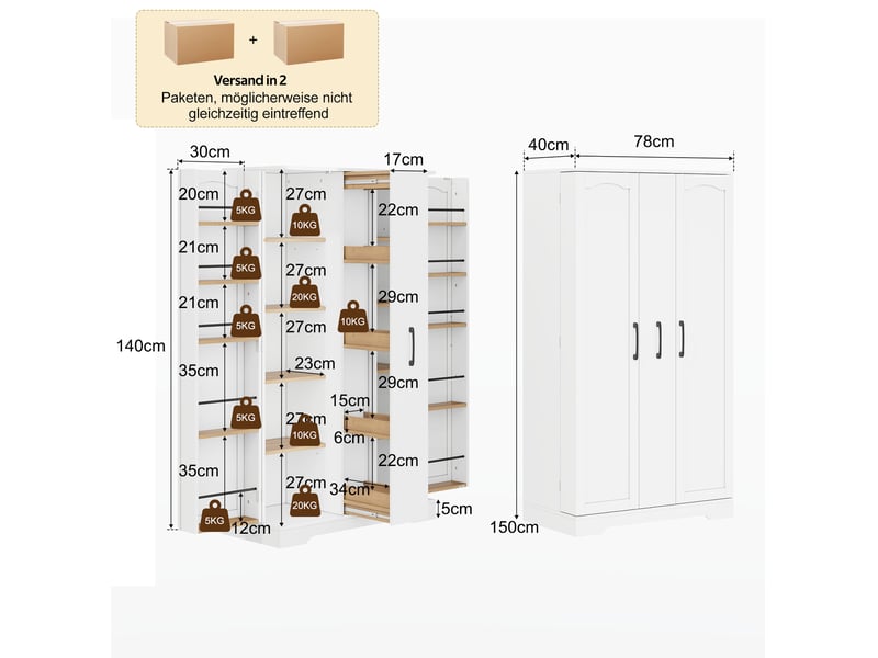  Buffet de cuisine haut avec 2 portes, 4 étagères et tiroir vertical à épices, en mdf blanc, 78 × 40 × 150 cm  - Conforama E