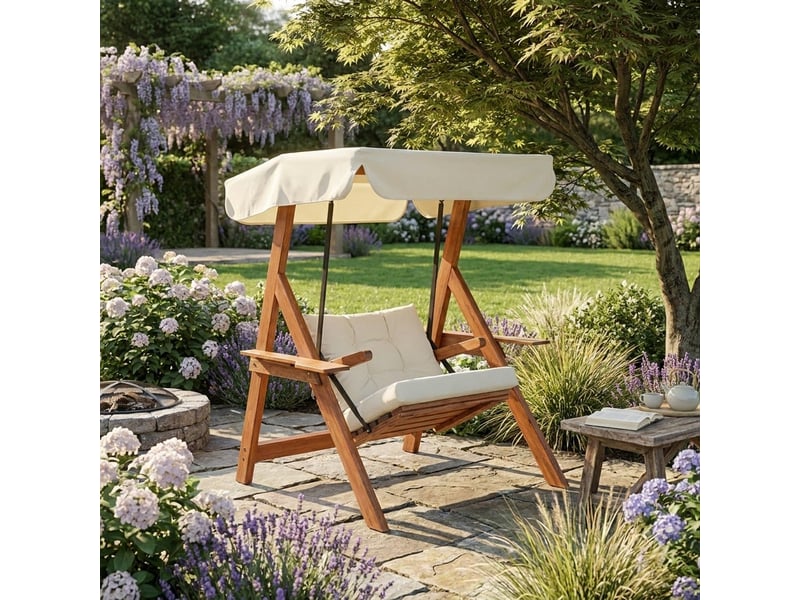  Balançoire de jardin en bois avec toit galata swing - crème  - Conforama B
