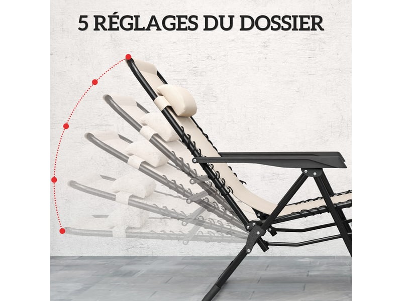  Lot de 2 chaise longue pliable et inclinable avec table d'appoint, porte-gobelets et appuie-têtes, charge 120 kg, beige  - Conforama E