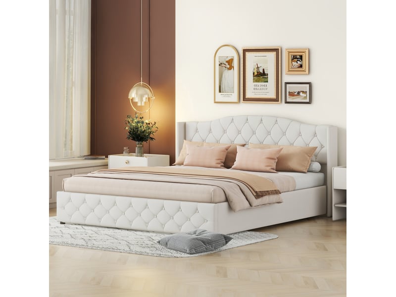Lit coffre 2 places 180x200 cm en tissu coloris beige - Conforama D