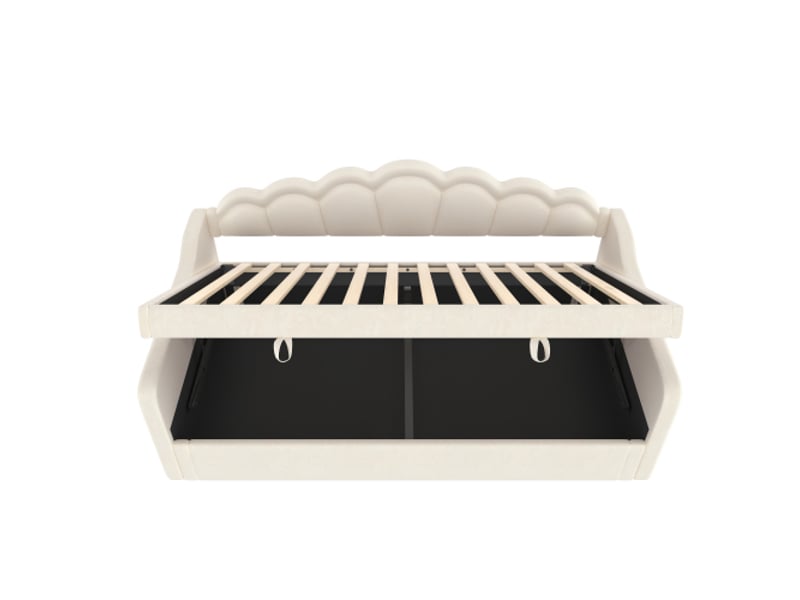  Lit coffre 90x200 cm, lit enfant avec éclairage led et espace de rangement, en velours beige, sans matelas  - Conforama E