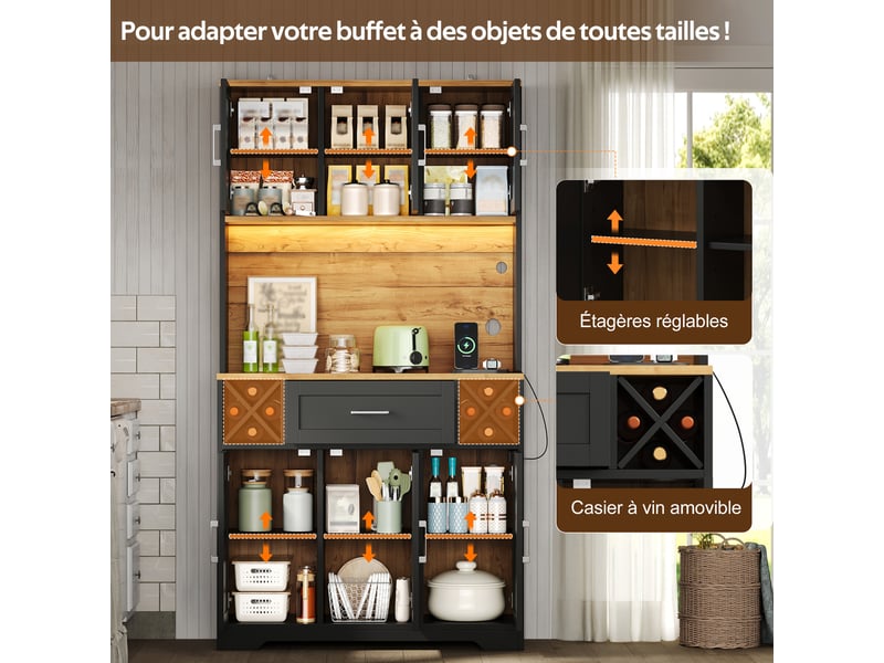 Vaisselier haut meuble de cuisine avec éclairage led rgb range bouteilles et prises électriques 105x40x180 cm - Conforama E