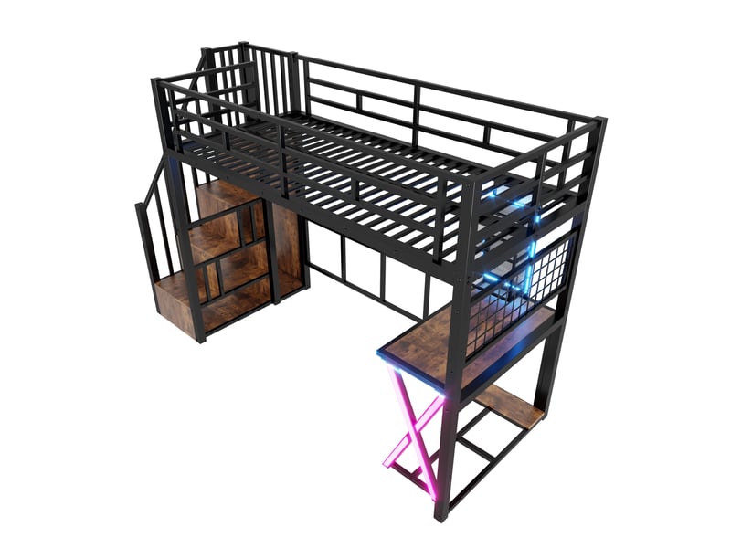  Lit mezzanine 90 x 200 cm avec bureau et armoire, échelle de rangement, éclairage led, structure en métal et mdf noir  - Conforama A