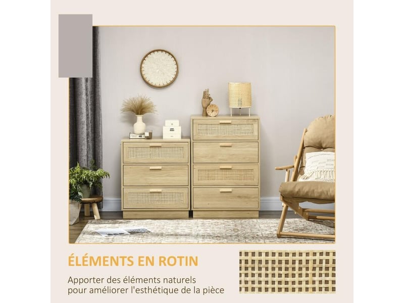  Commode design bohème en rotin avec 4 tiroirs, meuble de rangement pour le salon, le couloir, l'entrée, bois naturel  - Conforama E