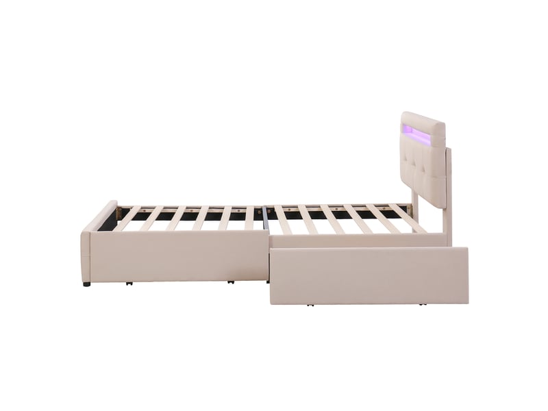  Lit simple 90x200 cm en tissu beige, led, 2 tiroirs de rangement, lit enfant et ado  - Conforama D