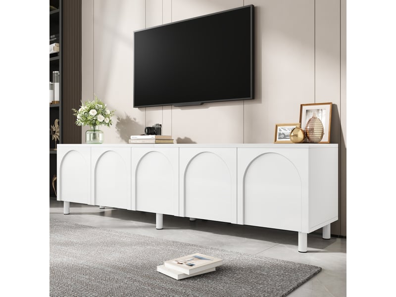  Meuble tv 180x38x45 cm - meuble bas avec 5 portes, espace de rangement, pieds en métal, structure en pb et mdf, design moderne  - Conforama E