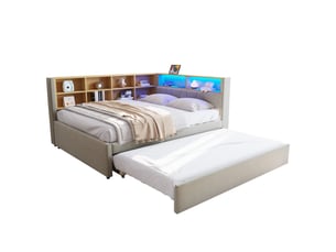 Lit banquette rembourré 140x200 cm avec lit gigogne 90x190 cm, rangements, led, usb, usb-c et prise électrique, sommier à lattes, flanelle gris clair