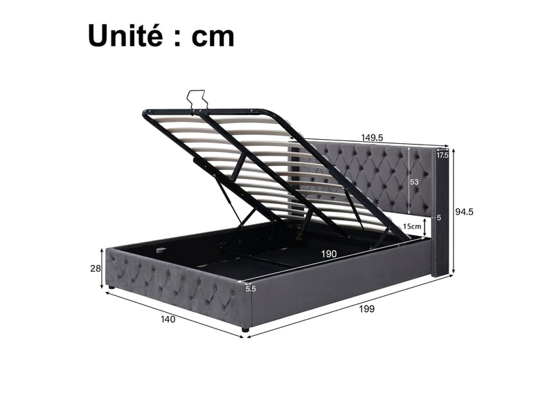  Lit coffre 140x190 cm - lit double avec rangement sous sommier et tête capitonnée - sans matelas - gris velours  - Conforama C