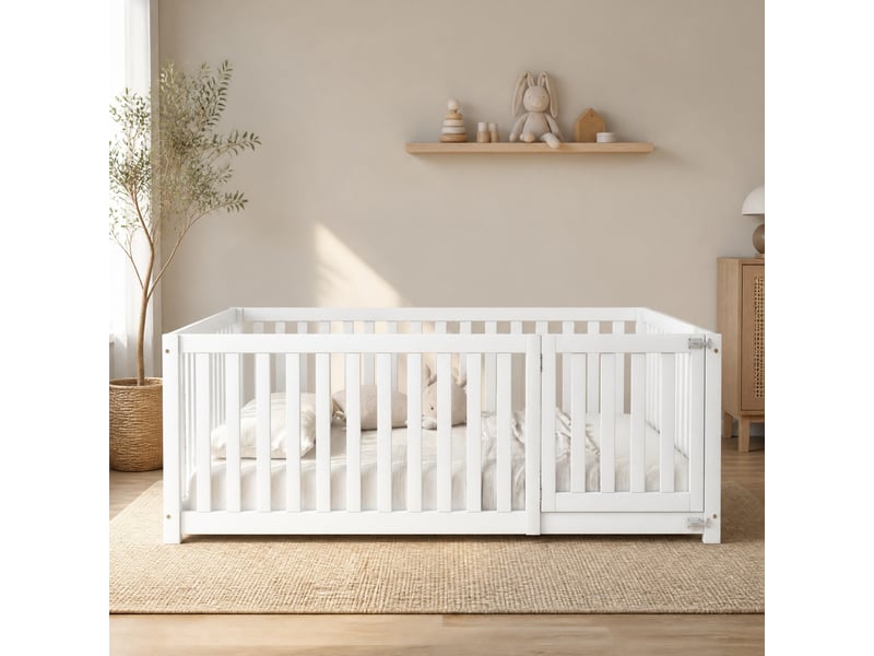  Lit enfant au sol 140x200 cm avec barrière et porte bois mdf blanc sans matelas  - Conforama B