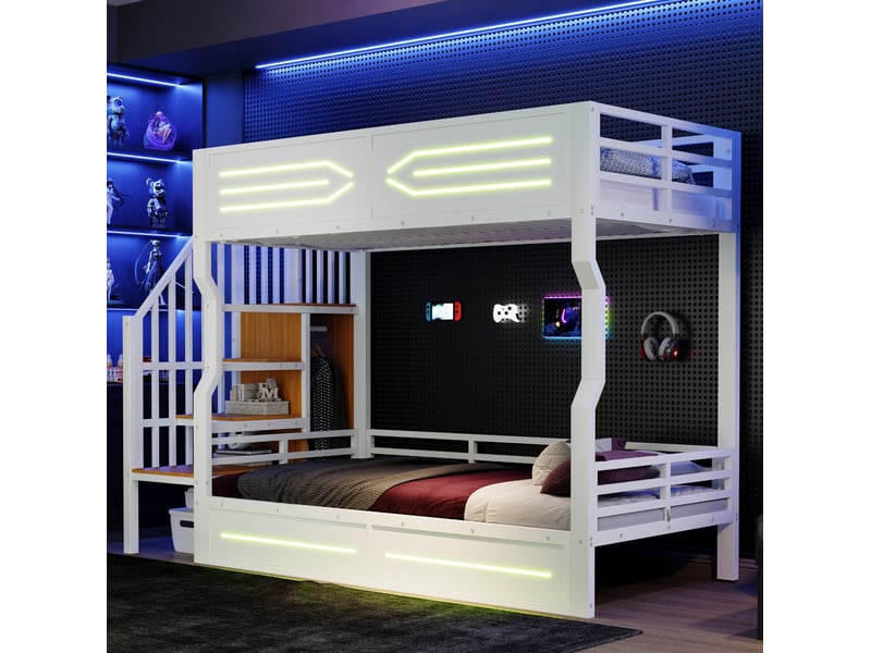  Lit superposé 90x200 cm avec escalier de rangement, éclairage led et barrières de sécurité blanc  - Conforama E