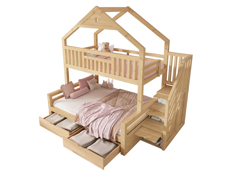  Lit superposé enfant 90x200 et 140x200 cm, lit familial en bois avec escalier de rangement, tiroirs et design maison - chêne  - Conforama A
