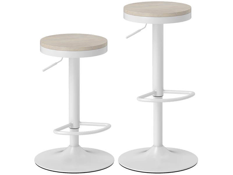  Lot de 2 tabourets de bar, chaises de bar pivotantes avec assise en hévéa, hauteur réglable et repose-pieds, blanc  - Conforama B
