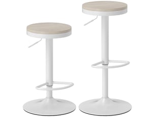 Lot de 2 tabourets de bar, chaises de bar pivotantes avec assise en hévéa, hauteur réglable et repose-pieds, blanc