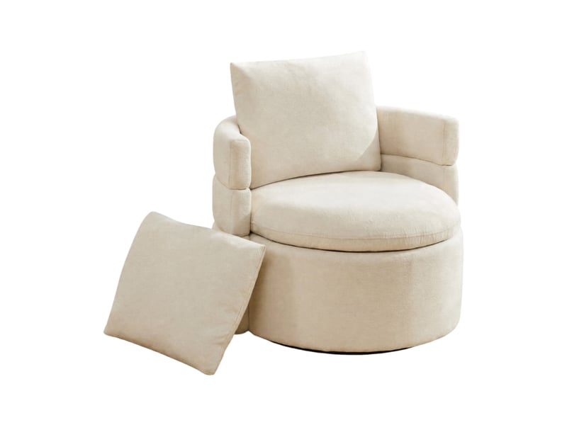 Fauteuil 78,5x73x83 cm, pivotant 360°, avec rangement intégré, fauteuil lounge, coussin, pour salon, chenille ivoire - Conforama A