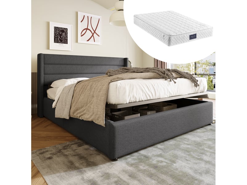  Lit coffre 140 × 200 cm 2 places avec rangement hydraulique, matelas inclus, en tissu effet lin, gris  - Conforama B