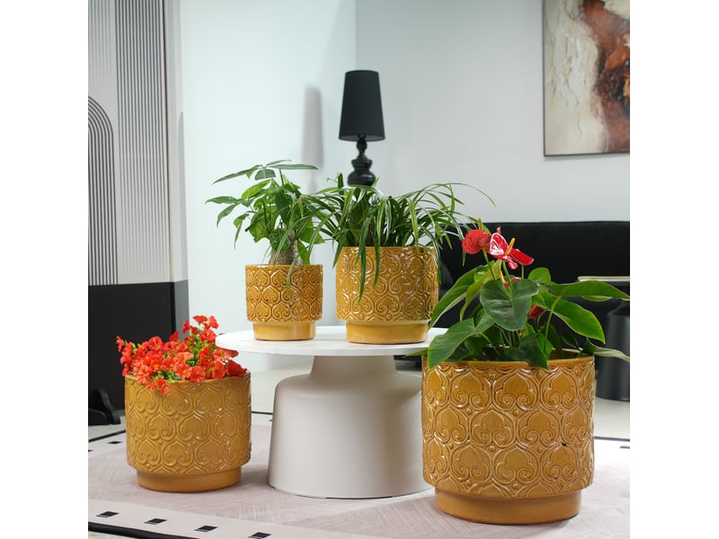  Pot de fleurs en céramique ø24 cm – jaune chaud brillant – relief cœur et drainage pour intérieur  - Conforama B