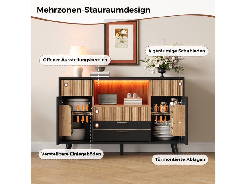 Buffet bas 130x38x85 cm avec 4 tiroirs, led rgb, rangements de porte, étagères réglables, façades rainurées, mdf effet bois naturel et noir - Conforama E