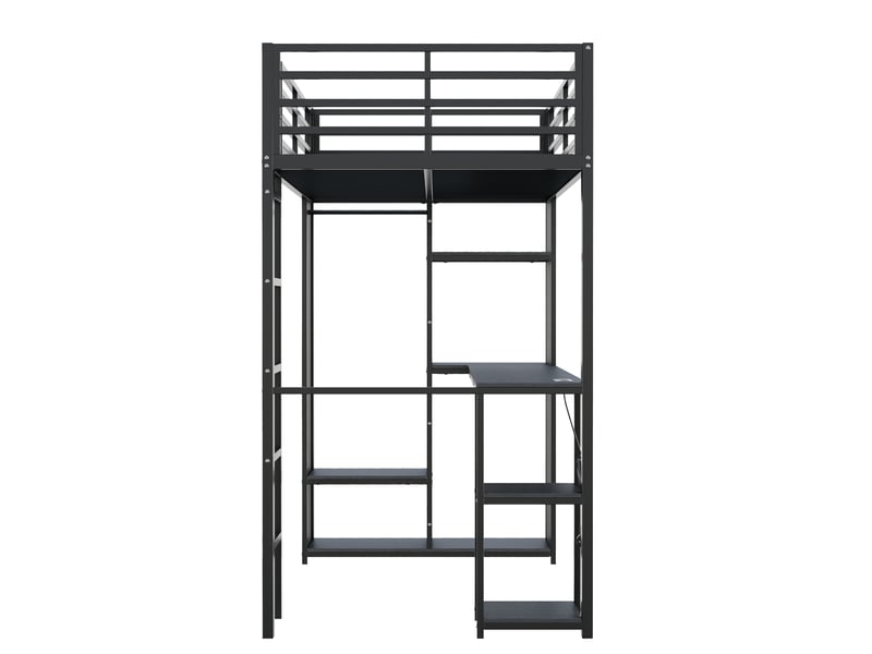 Lit mezzanine 90x200 cm avec bureau, rangements, led et prises usb, noir, moderne - Conforama E