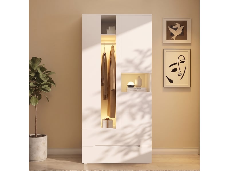  Armoire battante 90x50x200 cm avec led, 3 portes, 2 tiroirs, 6 compartiments, mdf et métal, blanc, rangement chambre  - Conforama D