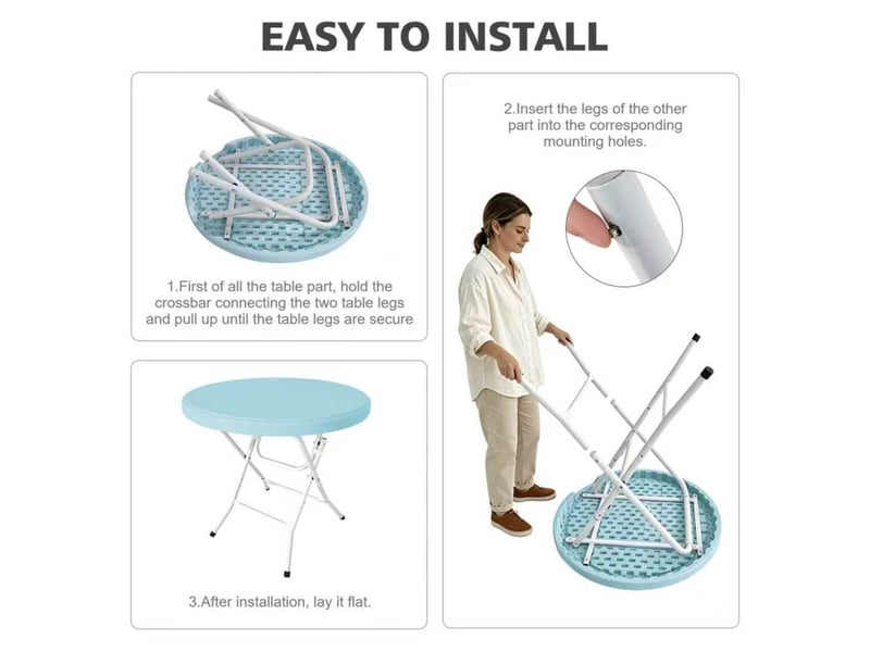  Table pliante ronde en hdpe avec piètement métallique repliable, montage sans outil, 80 cm, capacité 136 kg  - Conforama D