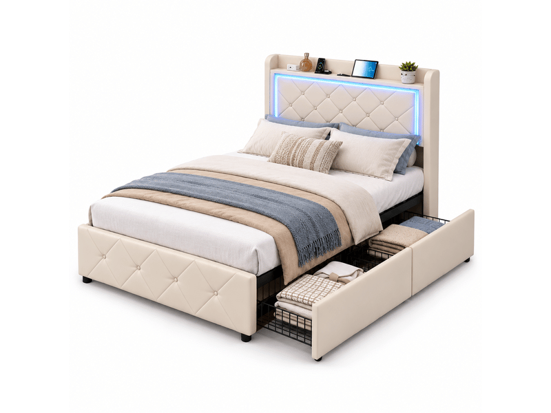  Lit 1 personne 90x200 cm avec sommier led et usb tpye c, lit coffre avec 2 tiroirs de rangement, lit une place, lit 1 personne 90x200 avec 2 tiroirs de rangement, éclairage led rgb - charge usb et type-c, lit une place, lit coff…  - Conforama A