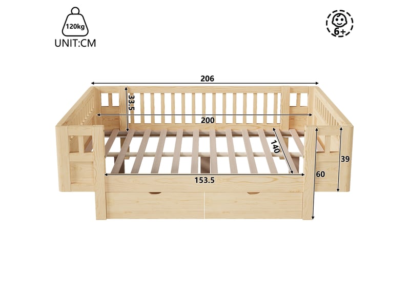  Lit enfant 140x200 cm avec barrières de protection et 2 tiroirs, bois  - Conforama C