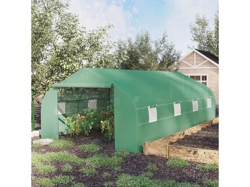  Serre tunnel avec 8 fenêtres latérales et entrée à enrouleur, en pe et acier, 6 x 3 x 2 m, verte  - Conforama D