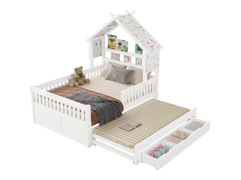  Lit cabane 140x200 cm, lit gigogne, 3 tiroirs, barrières sécurité enfant, chambre enfant, mdf, blanc, sans matelas  - Conforama A