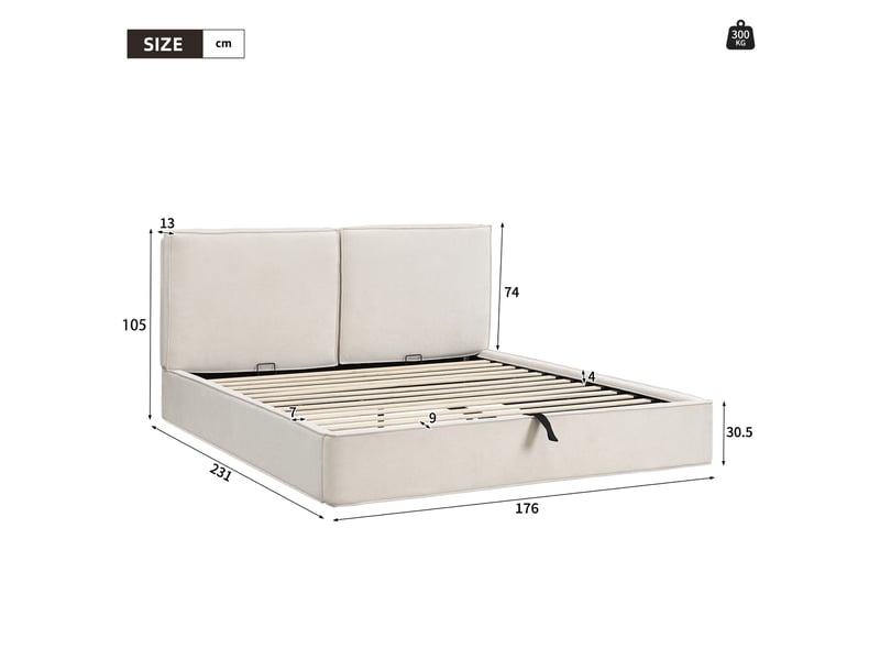  Lit double 160x200 cm en chenille beige avec coffre hydraulique, tête de lit rembourrée de 105 cm et sommier à lattes inclus.  - Conforama C