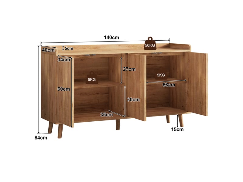  Buffet bas 4 portes avec étagères réglables, mdf naturel, 140 x 40 x 84 cm  - Conforama C