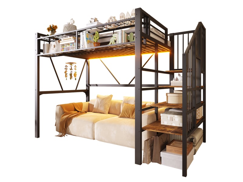  Lit mezzanine 90x200 cm avec rangements et led coloris noir  - Conforama A