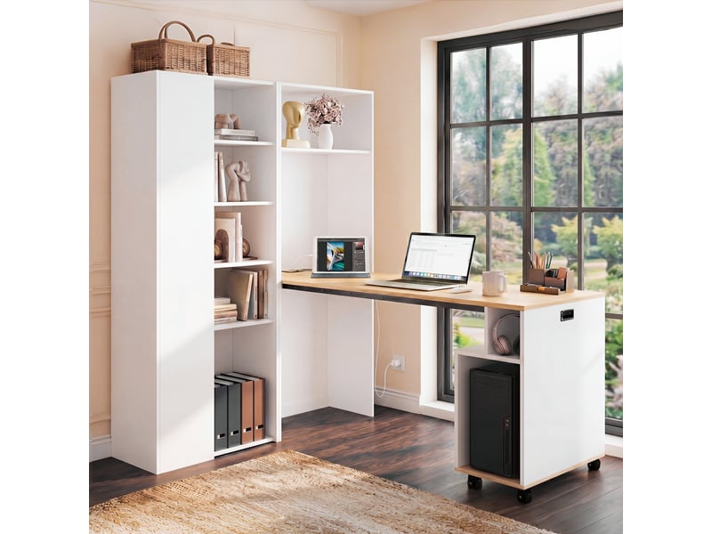 Bureau pliable avec étagère, bureau bibliothèque 2 en 1 blanc avec prise et usb, gain de place pour télétravail, 104x160cm - Conforama B