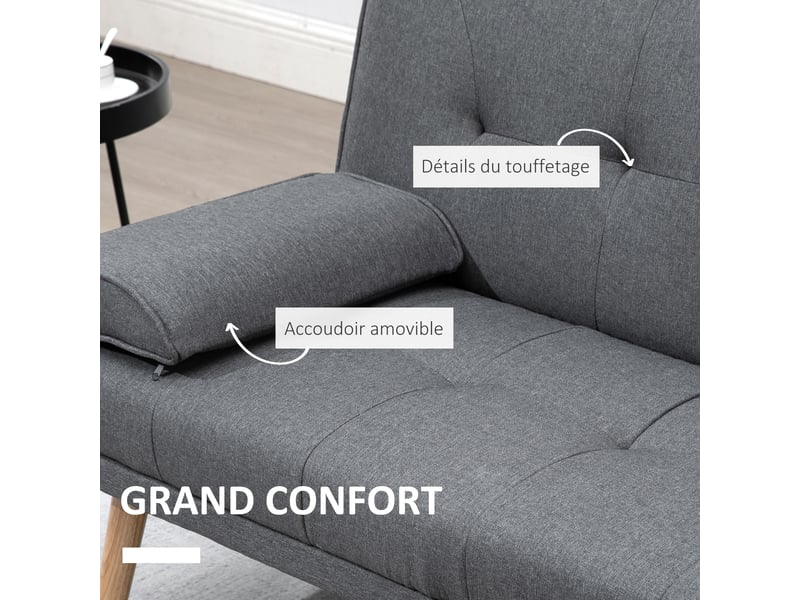  Canapé convertible 3 places, canapé-lit rembourré avec dossier réglable 3 niveaux, 2 coussins et 2 porte-gobelets intégrés, tissu de lin, pour salon, chambre d'amis, gris foncé, petit espace  - Conforama R
