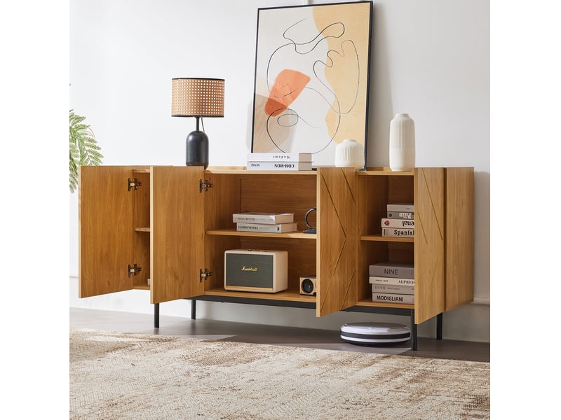  Buffet ulevr 4 portes avec rangement et étagères réglables, 160 x 40 x 78 cm, panneaux de particules naturel, incrustations métalliques  - Conforama D