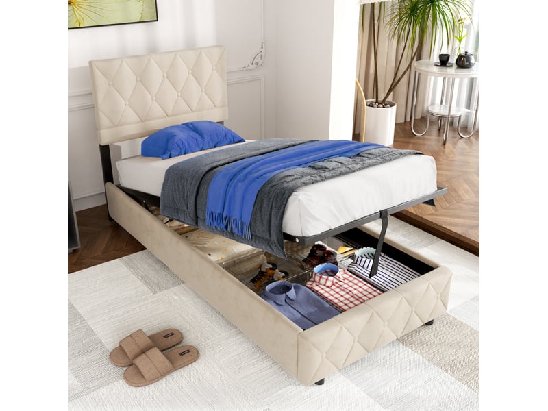  Lit 90x190 cm rembourré avec sommier à lattes beige evryae  - Conforama E