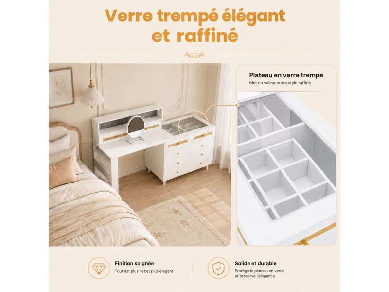  Coiffeuse blanche en MDF avec miroir, plateau en verre trempé et façade en rotin. Dimensions : 105 x 50 x 107,5 cm. Dix tiroirs, rangement à bijoux doublé de feutre et étagère latérale à 3 niveaux. Installation compacte, déployé…  - Conforama D
