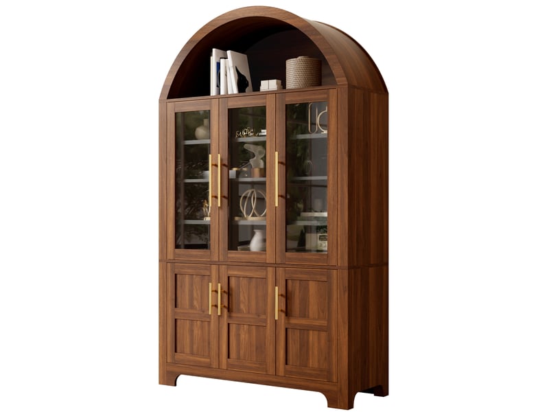  Buffet haut de rangement moderne 110x40x185 cm, niche ouverte en arche, 3 portes vitrées et 3 portes, en mdf, noyer  - Conforama A