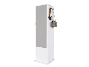 Armoire à bijoux pivotante à 360° avec miroir psyché, rangements et crochets, blanche
