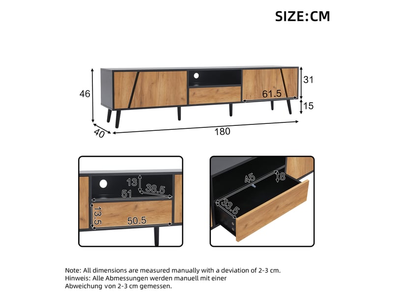  Meuble tv 180 cm noir et bois, meuble tv pour téléviseur 75 pouces avec 2 placards, tiroir et étagère ouverte  - Conforama C