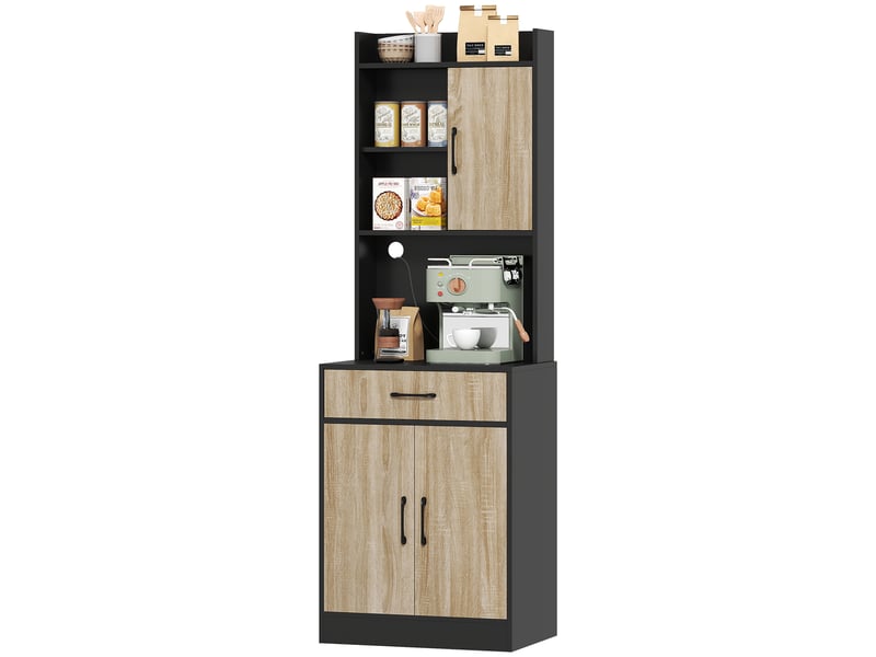  Meuble de cuisine avec plan de travail et passe-câbles, commode de cuisine moderne avec tiroir, 3 étagères ouvertes, bois naturel, noir  - Conforama B