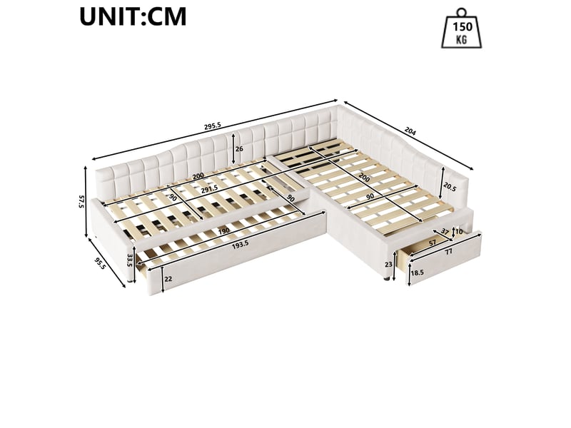  Lit gigogne 3 places 90×200 cm et 90×190 cm, avec tiroirs - okmyhome- en flanelle beige, sans matelas  - Conforama D