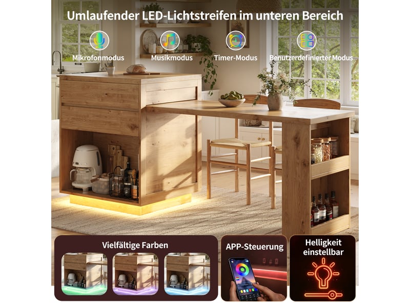 Îlot de cuisine extensible 122-194.5cm avec 4 tiroirs avant et arrière, grand rangement, plan de travail multifonction et led pilotable par application, naturel evarich - Conforama D
