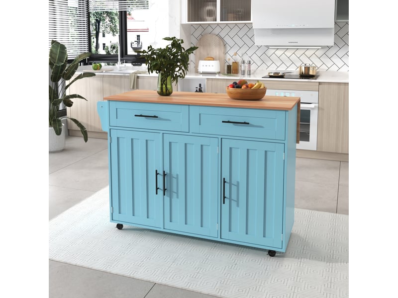 Desserte de cuisine avec 3 portes, 2 tiroirs et plateau rabattable, sur roulettes ou pieds, en mdf bleu clair - Conforama B