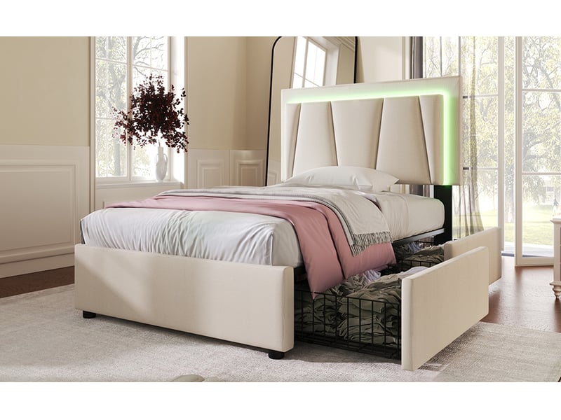 Lit enfant capitonné,90x200 cm,avec led,tête réglable,2 tiroirs,bois,beige,matelas inclus  - Conforama B