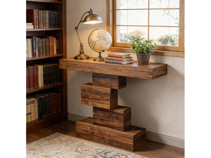 Console à niveaux avec base géométrique pour rangement et décoration, style rustique, pour entrée et salon, bois brun foncé - Conforama D