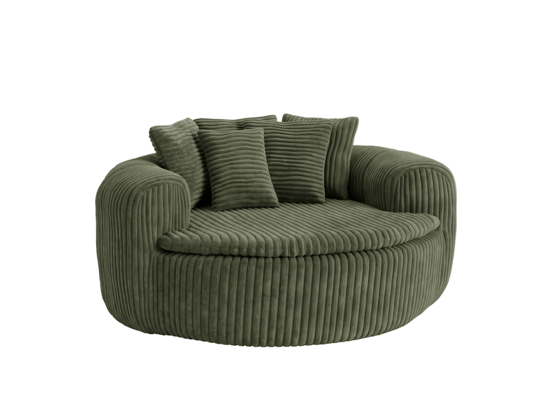  Fauteuil lounge 1 places en velours côtelé vert, assise profonde 89×90 cm, 5 coussins, sans montage, design arrondi  - Conforama A