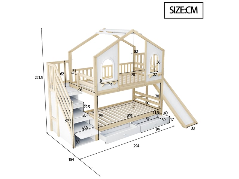  Lit superposé enfant 90 × 200 cm 2 places avec toboggan, échelle de rangement et 2 tiroirs, sans matelas, blanc et naturel  - Conforama D