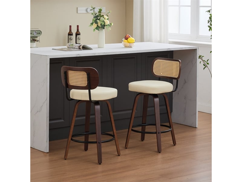 Lot de 2 tabourets de bar 42x56x90cm – avec dossier en rotin et assise rembourrée – noyer et beige - Conforama E