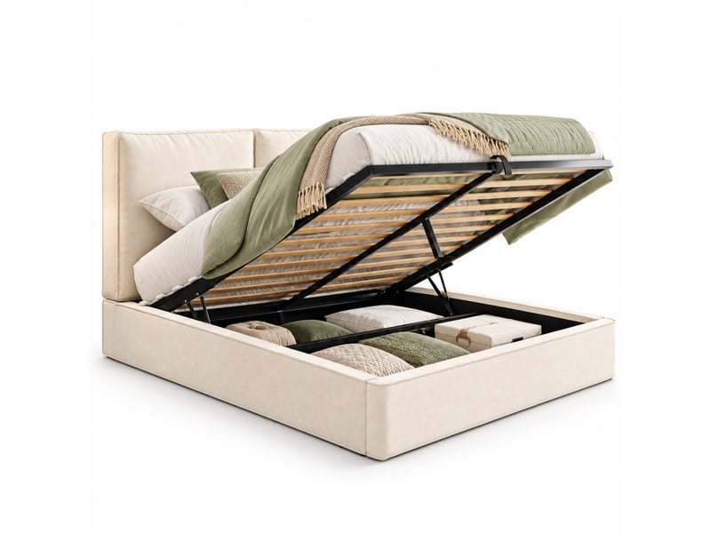  Lit coffre capitonné 160x200 cm beige en chenille, rangement hydraulique, tête de lit et sommier à lattes  - Conforama A