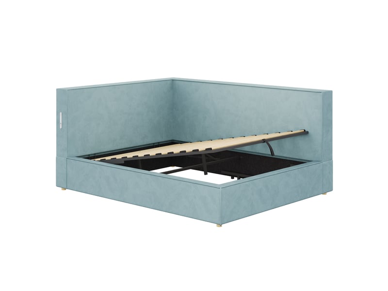 Lit banquette 140x200 cm avec rangement, led, usb et type-c, sommier à lattes, canapé-lit en velours - bleu Morn Vibe - Conforama E